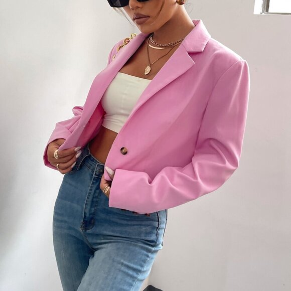 Baby Pink Elegant Women's Lapel Collar Single Button Blazer Workwear - Picture 4 of 7